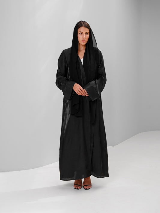 Black Long Open Abaya in Pure Silk with Matching Tarha