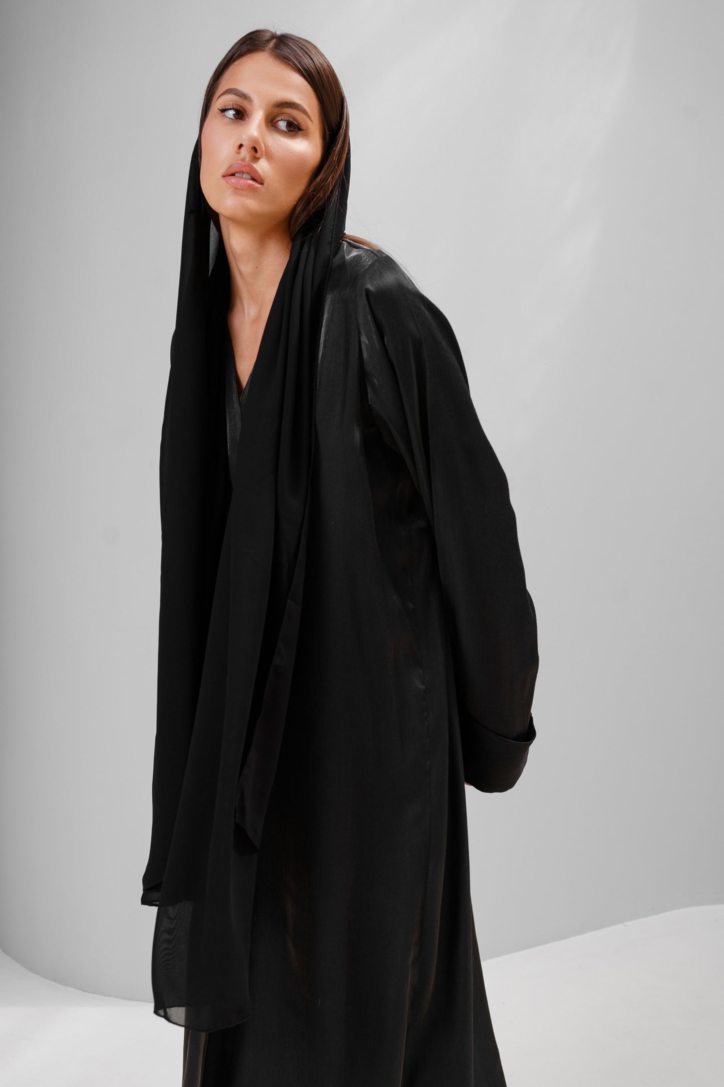 Black Long Open Abaya in Pure Silk with Matching Tarha