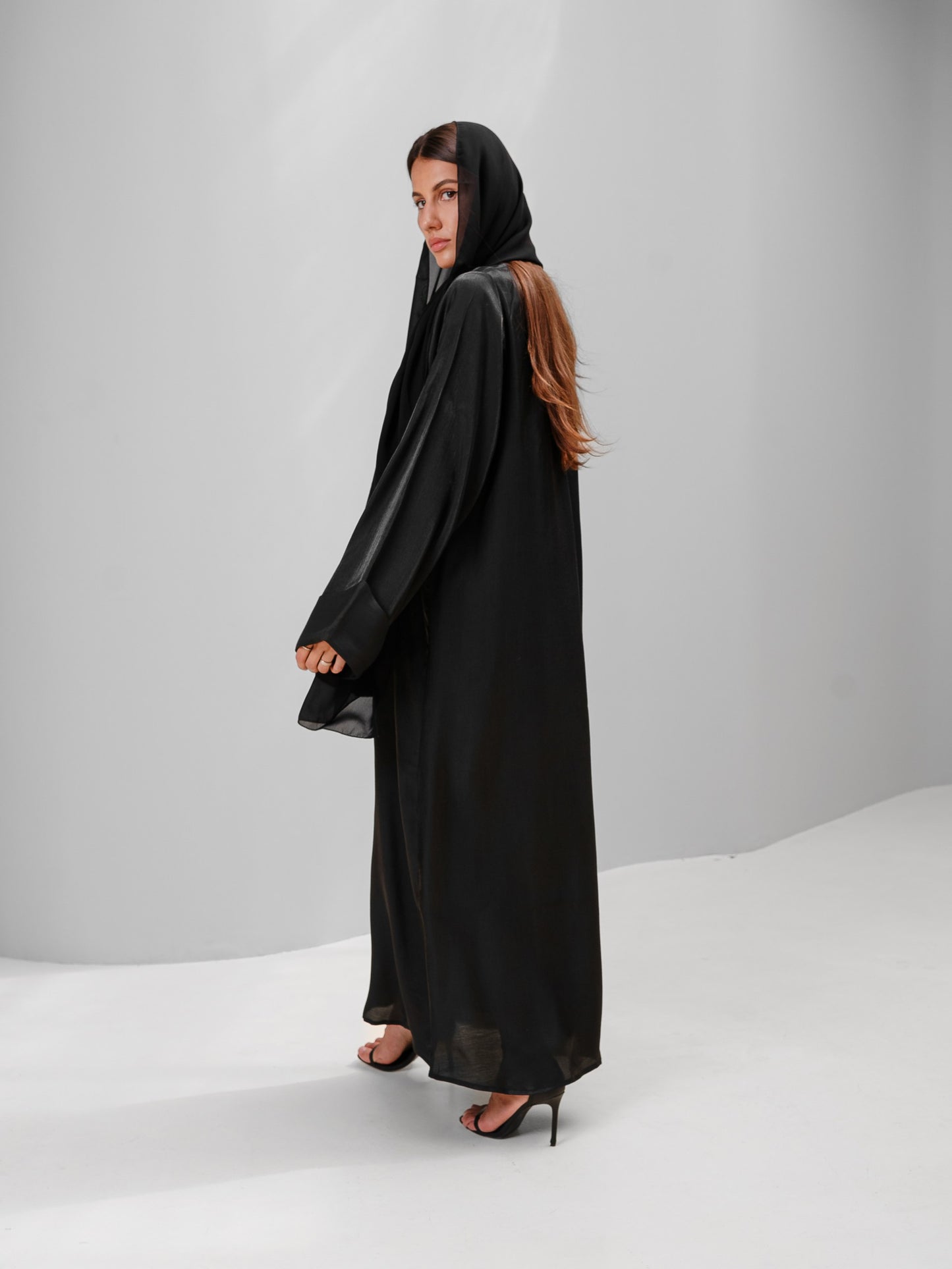 Black Long Open Abaya in Pure Silk with Matching Tarha