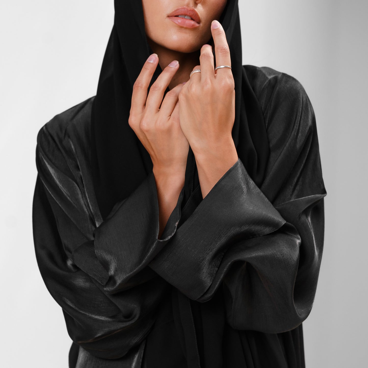 Black Long Open Abaya in Pure Silk with Matching Tarha